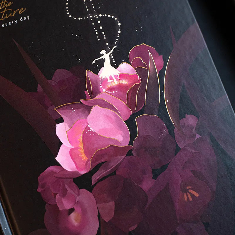 A5 notebook with luminous cover open to show an internal colour illustration, in deep blue colour.