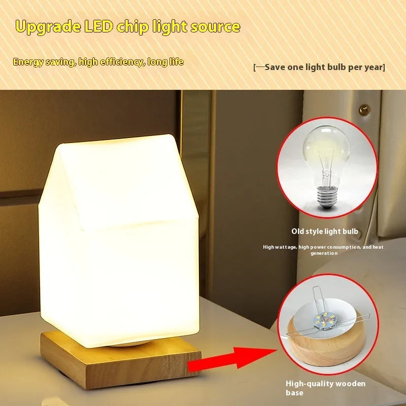Nordic solid wood USB table lamp in white cube design with touch dimming controls