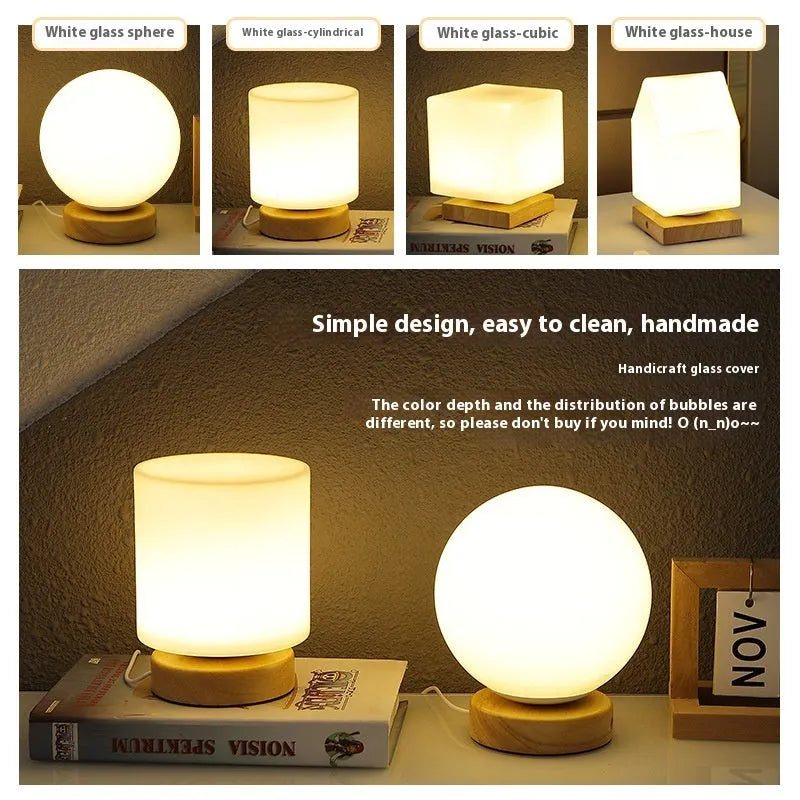 Nordic solid wood USB table lamp in white cube design with touch dimming controls