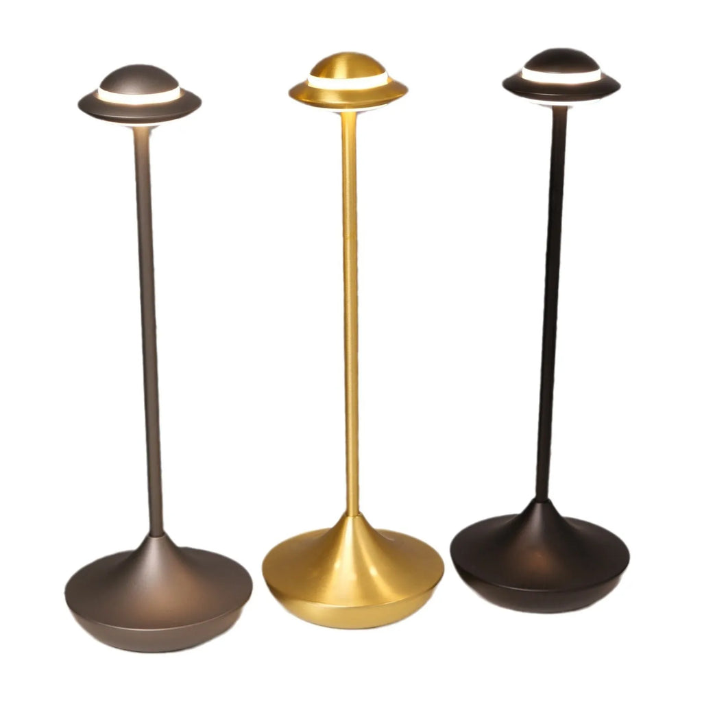 UFO table lamp in black, gold, or grey with touch dimming and rechargeable battery