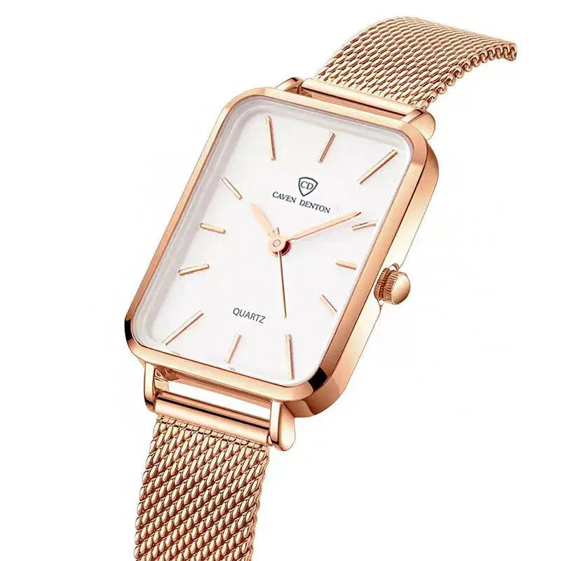 Women's quartz watch with woven steel belt, 34mm alloy case, rose gold or silver finish, 30m waterproof