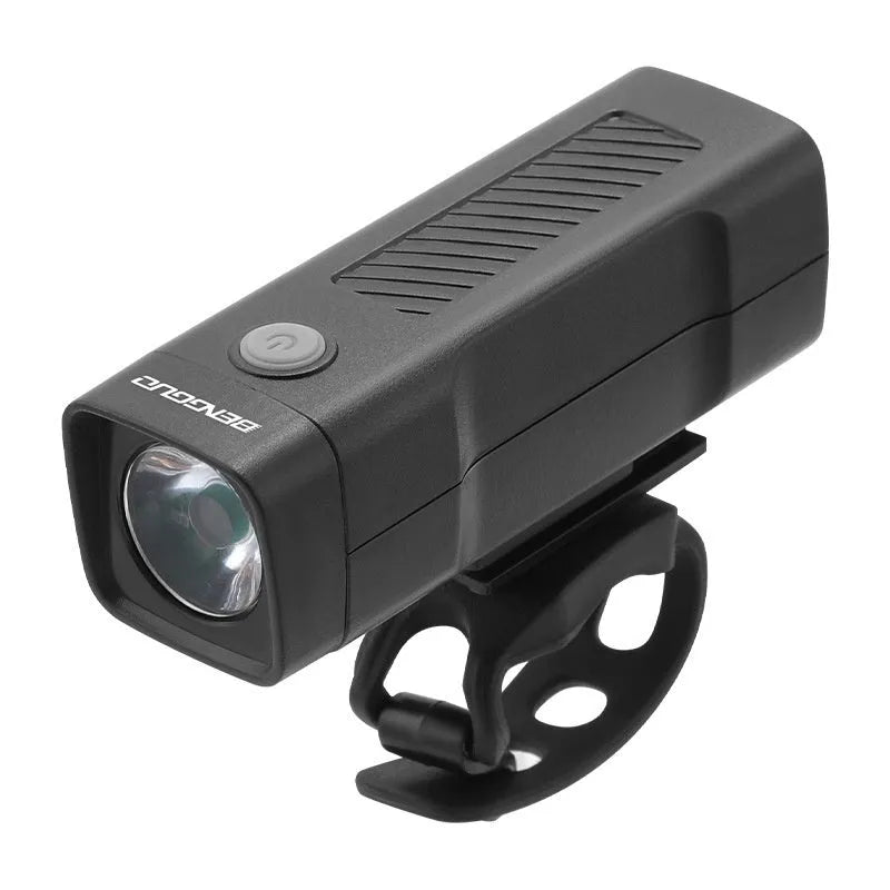 USB rechargeable bicycle headlight with quick-release strap bracket mounted on handlebars