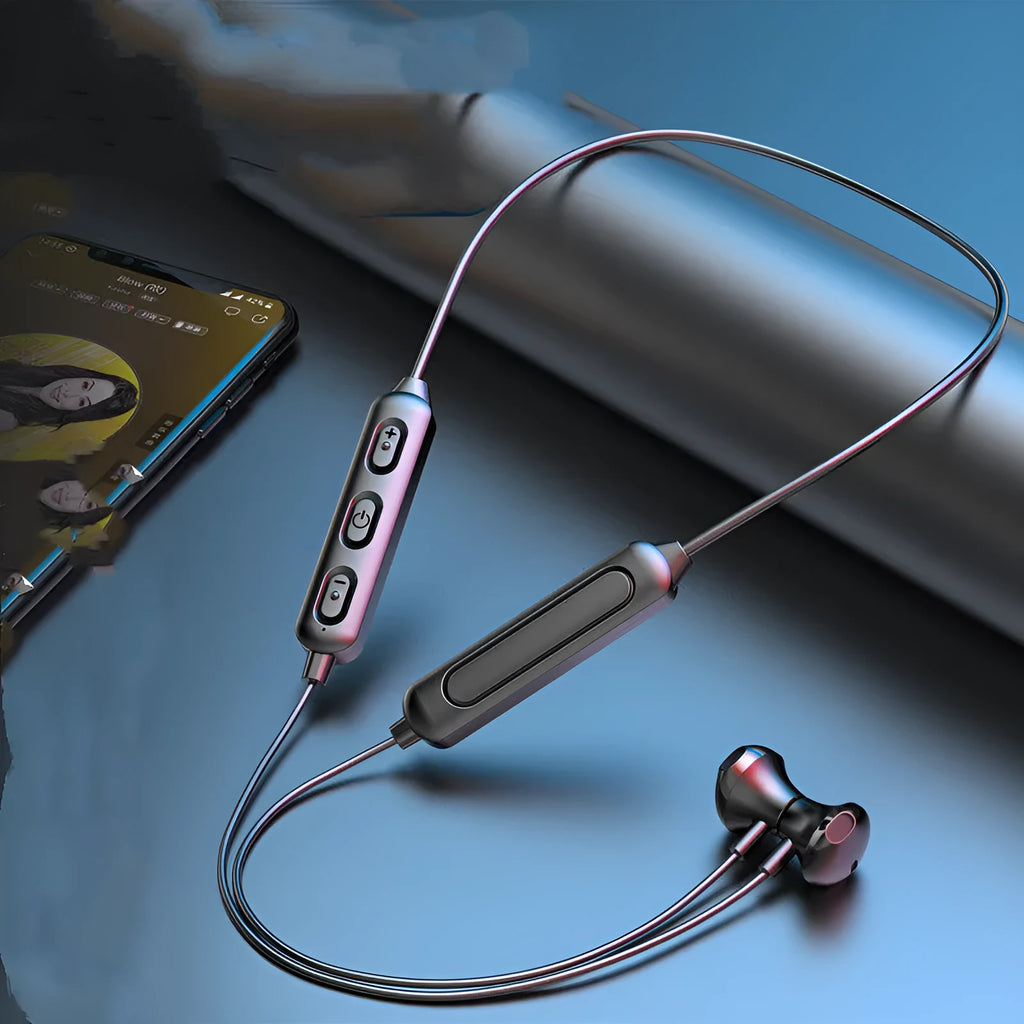 Black neck-mounted wireless sports earphones with binaural stereo design