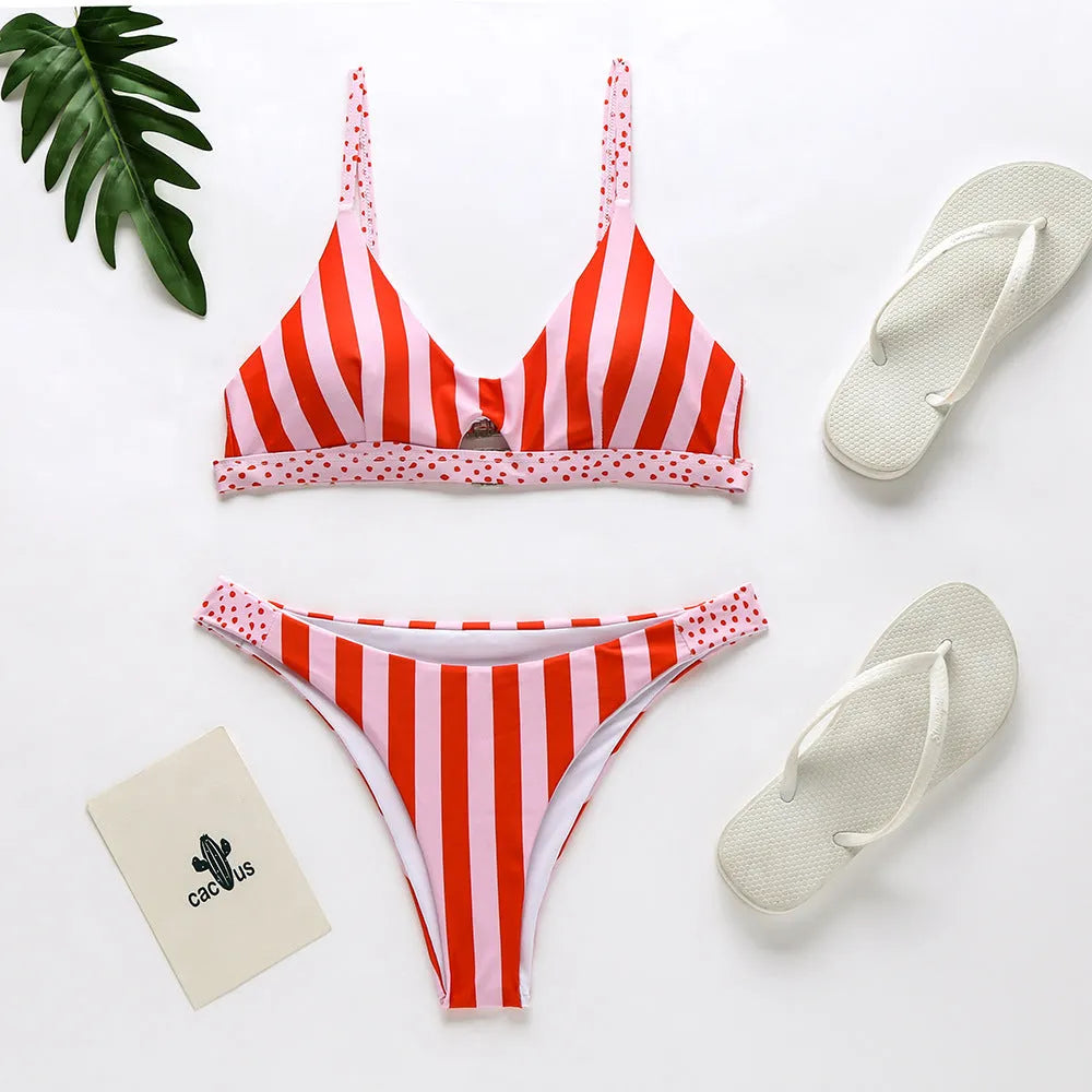 Women's bikini swimsuit set in black and white dot or red and white stripe patterns.