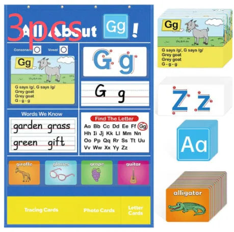 Alphabet learning sleeve table chart with word, letter, and picture cards on a flannel surface.