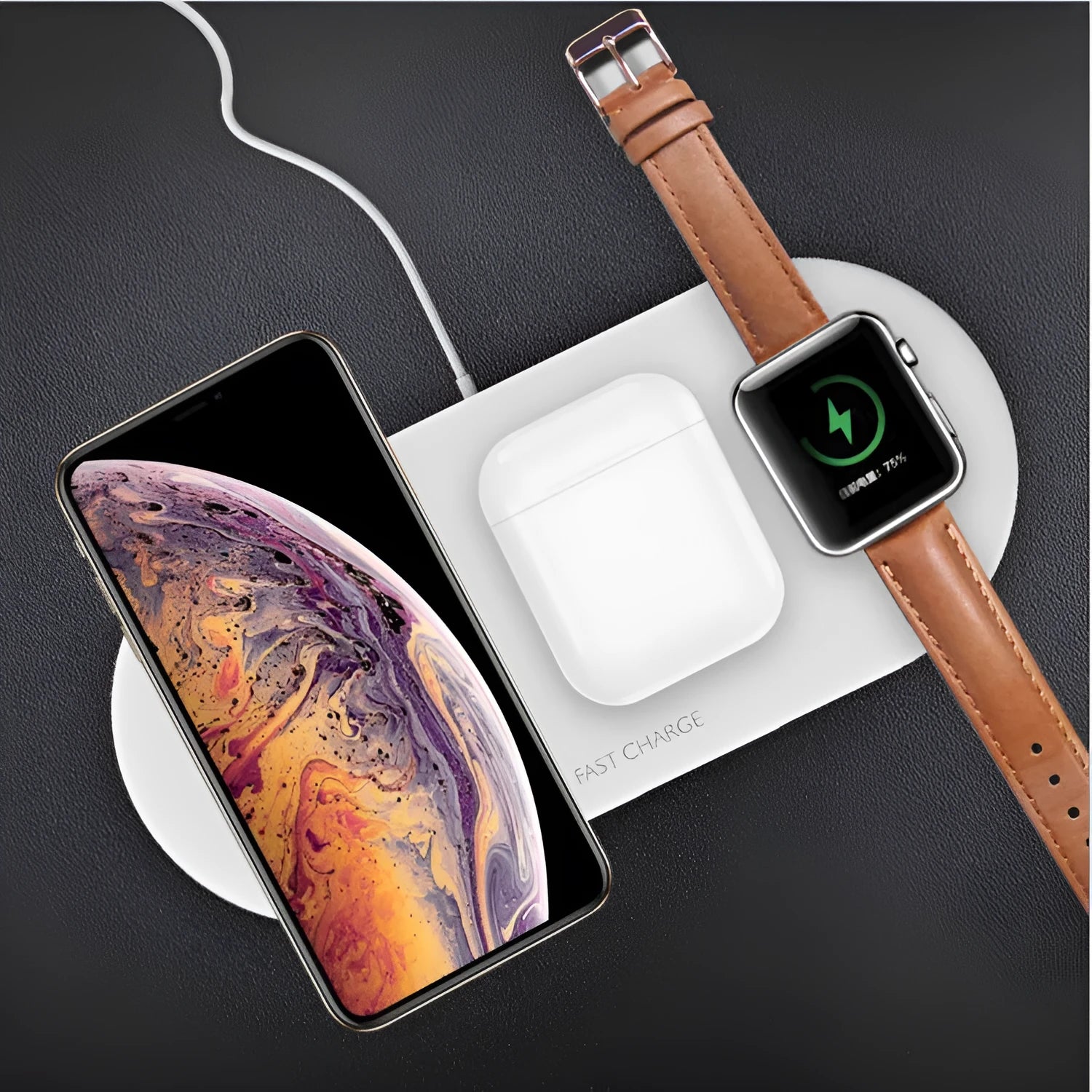 Black or white 3-in-1 wireless charging station for Apple iPhone and iWatch with Qi phone compatibility