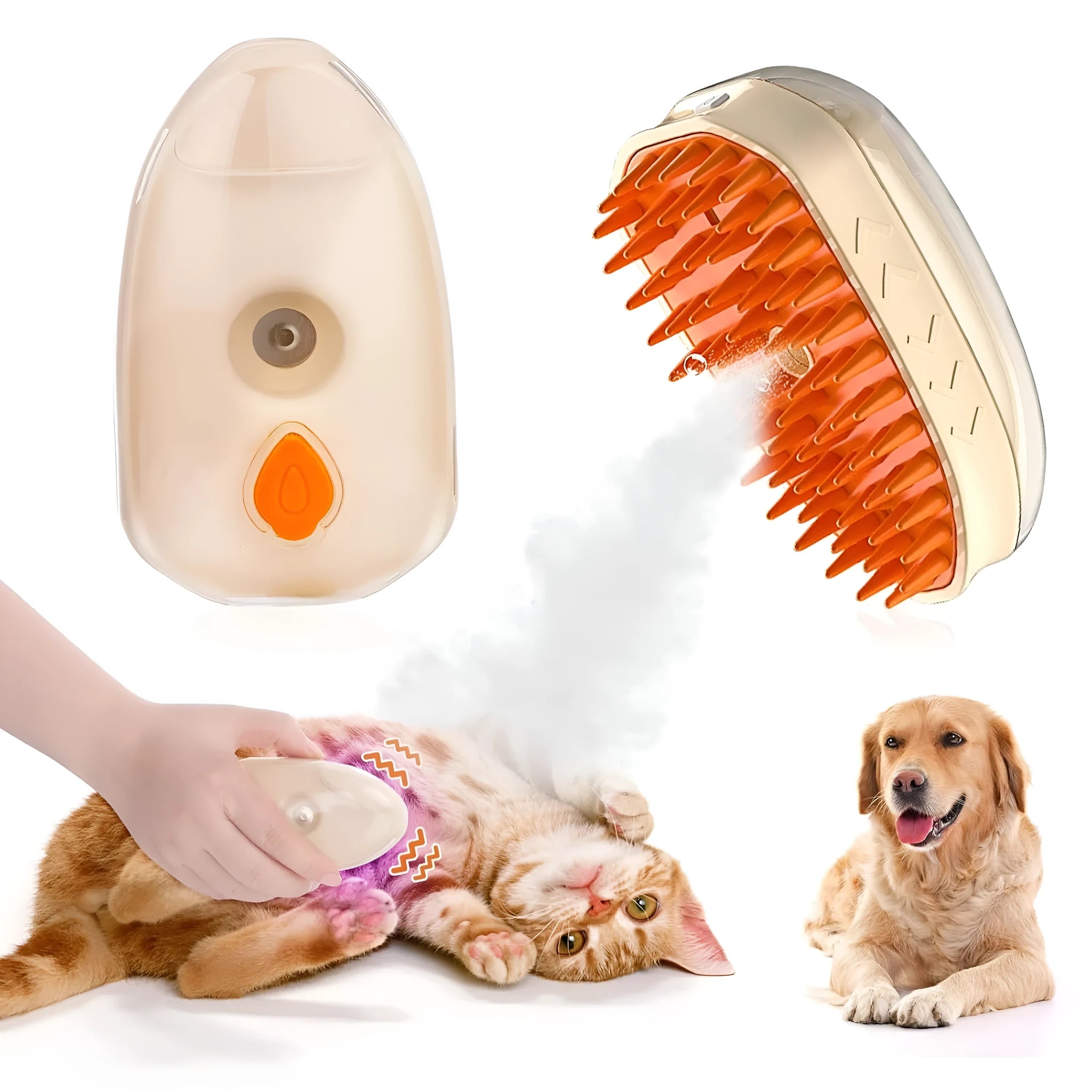 Yellow 4-in-1 cat steam brush with silicone teeth, water tank, USB port, and UV ringworm detection lamp.