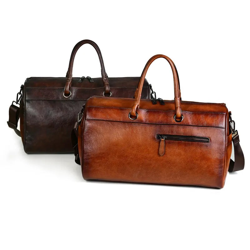 Handmade brown retro leather tote bag with top layer cowhide and large capacity.