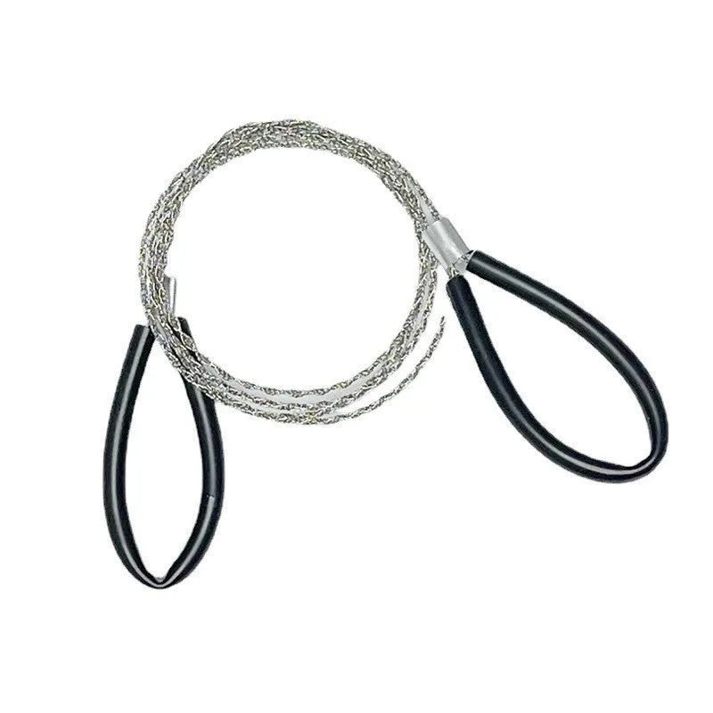 Outdoor survival saw with leather case showing extended steel wire cutting blade