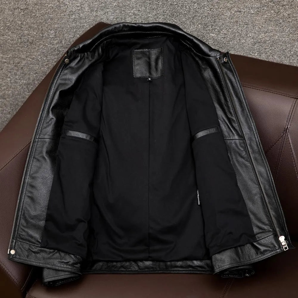 Men's black lapel leather jacket with loose fit and side pockets on plus-size model