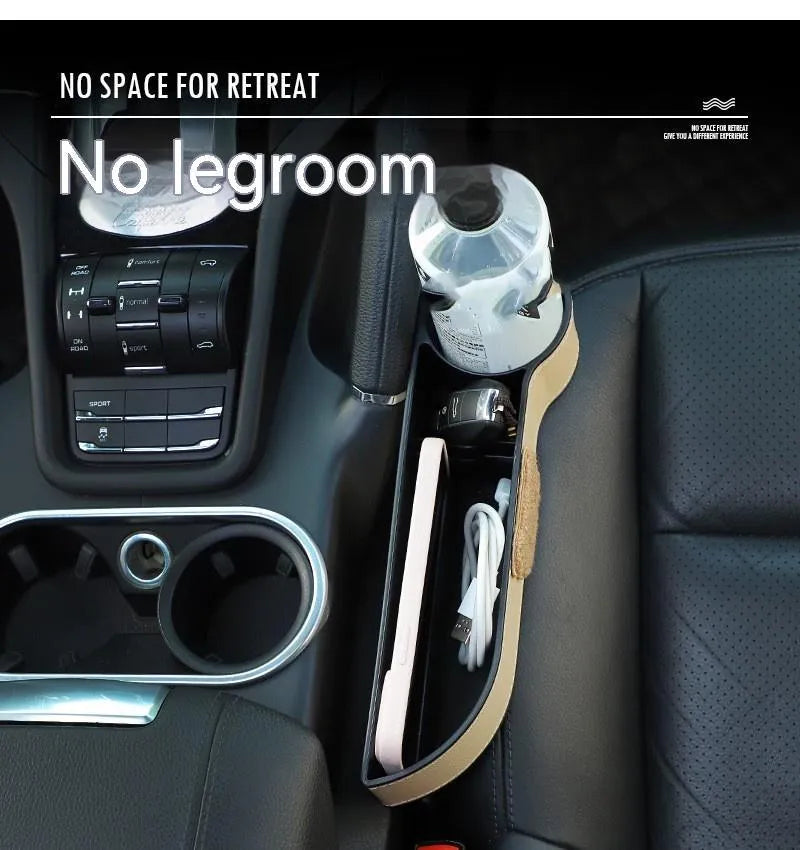 Leather car seat gap storage box with a cartoon bear design hanging next to a car seat.