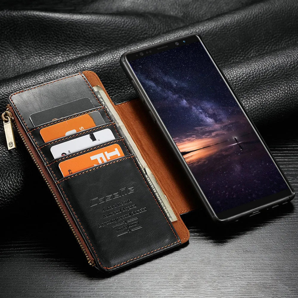 Black PU leather flip phone case for Samsung Galaxy Note9 shown open and closed.