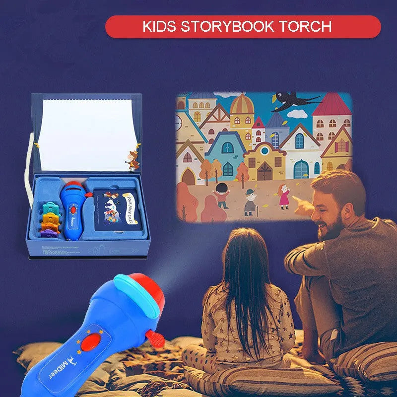 SmartKids children's storybook projector torch with 4 coloured discs projecting fairy tale image on wall.