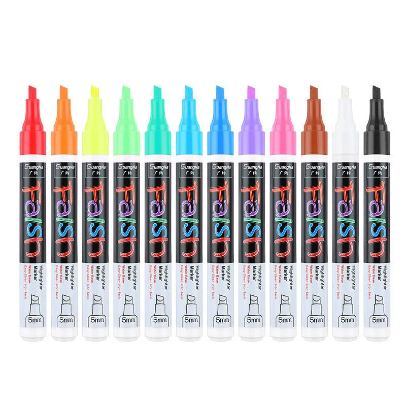Refillable fluorescent board pen with 6mm chisel tip and pressure valve design in plastic shell