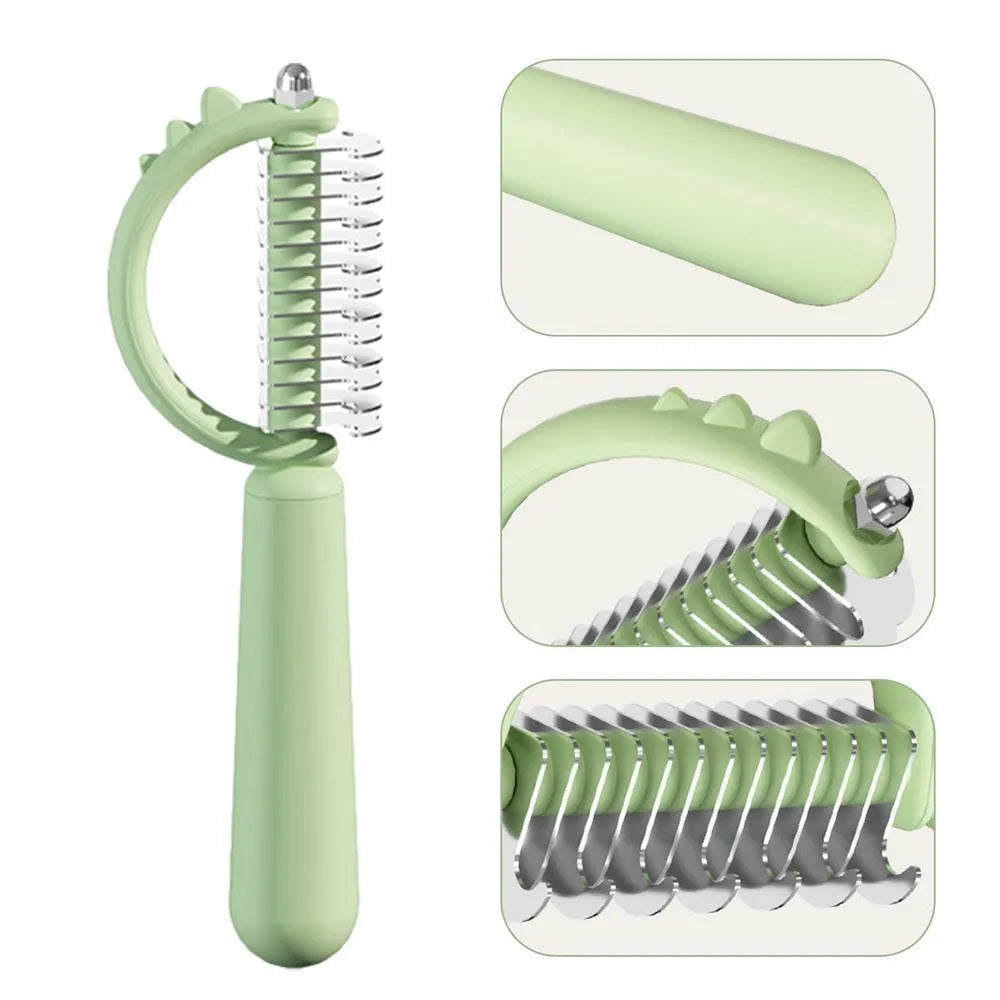 Dinosaur shaped cat brush with stainless steel bristles and self cleaning feature