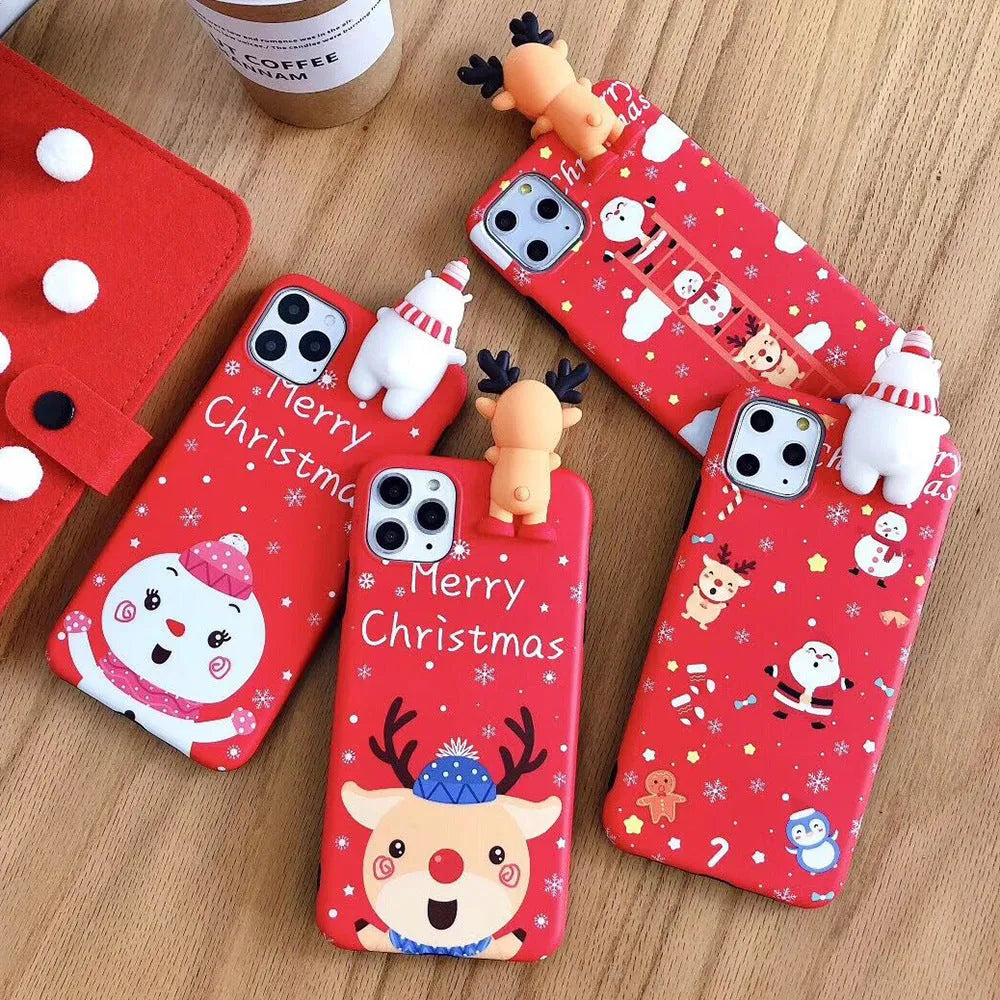Christmas-themed silicone back cover case for iPhone on a red background.