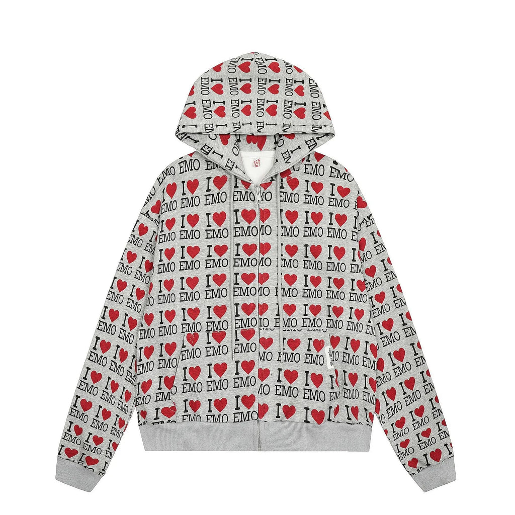 Women's grey cotton cardigan with autumn retro pattern and hood