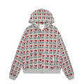 Women's grey cotton cardigan with autumn retro pattern and hood