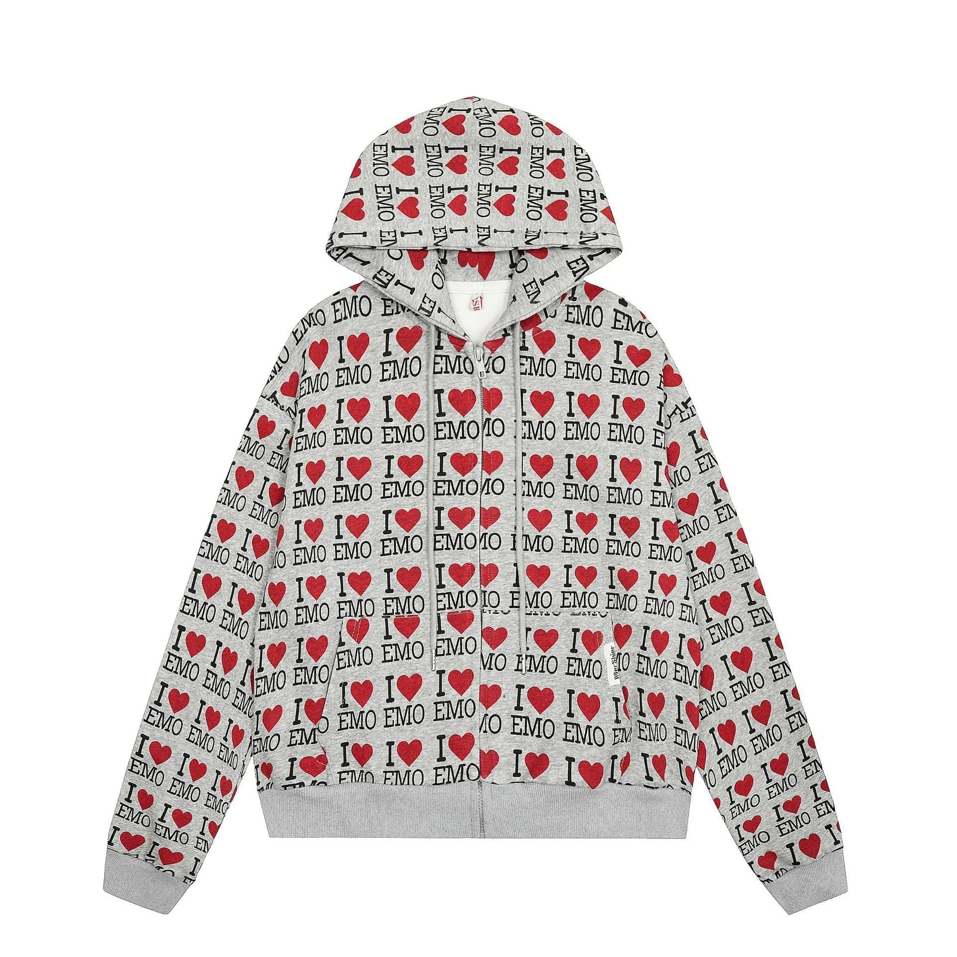 Women's grey cotton cardigan with autumn retro pattern and hood