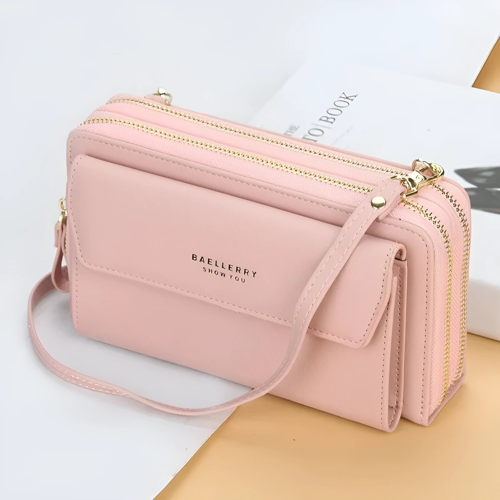 Women's soft PU leather long wallet with double zip, shown in multiple colours as a diagonal bag.