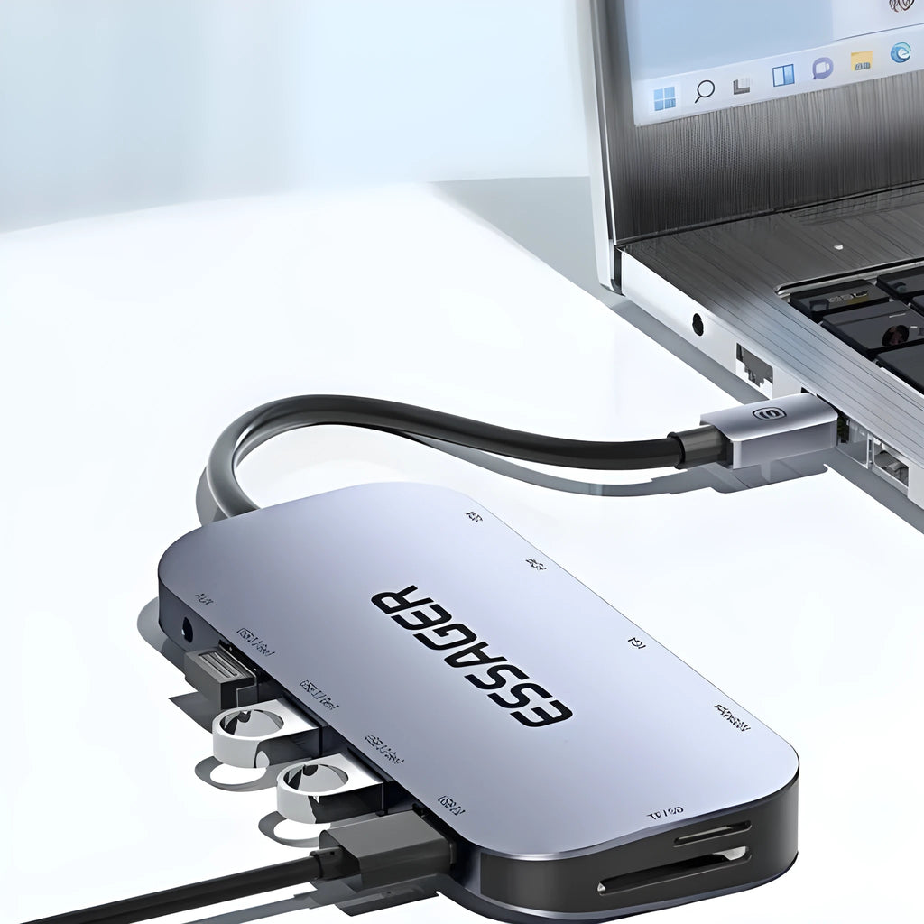 11-in-1 USB-C expansion dock hub with multiple ports and a 20cm black cable.