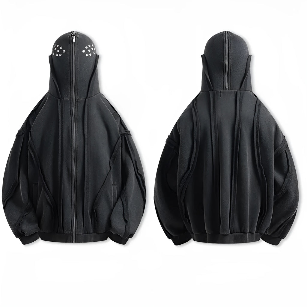 Black retro loose hooded cotton coat with padding and front zip.