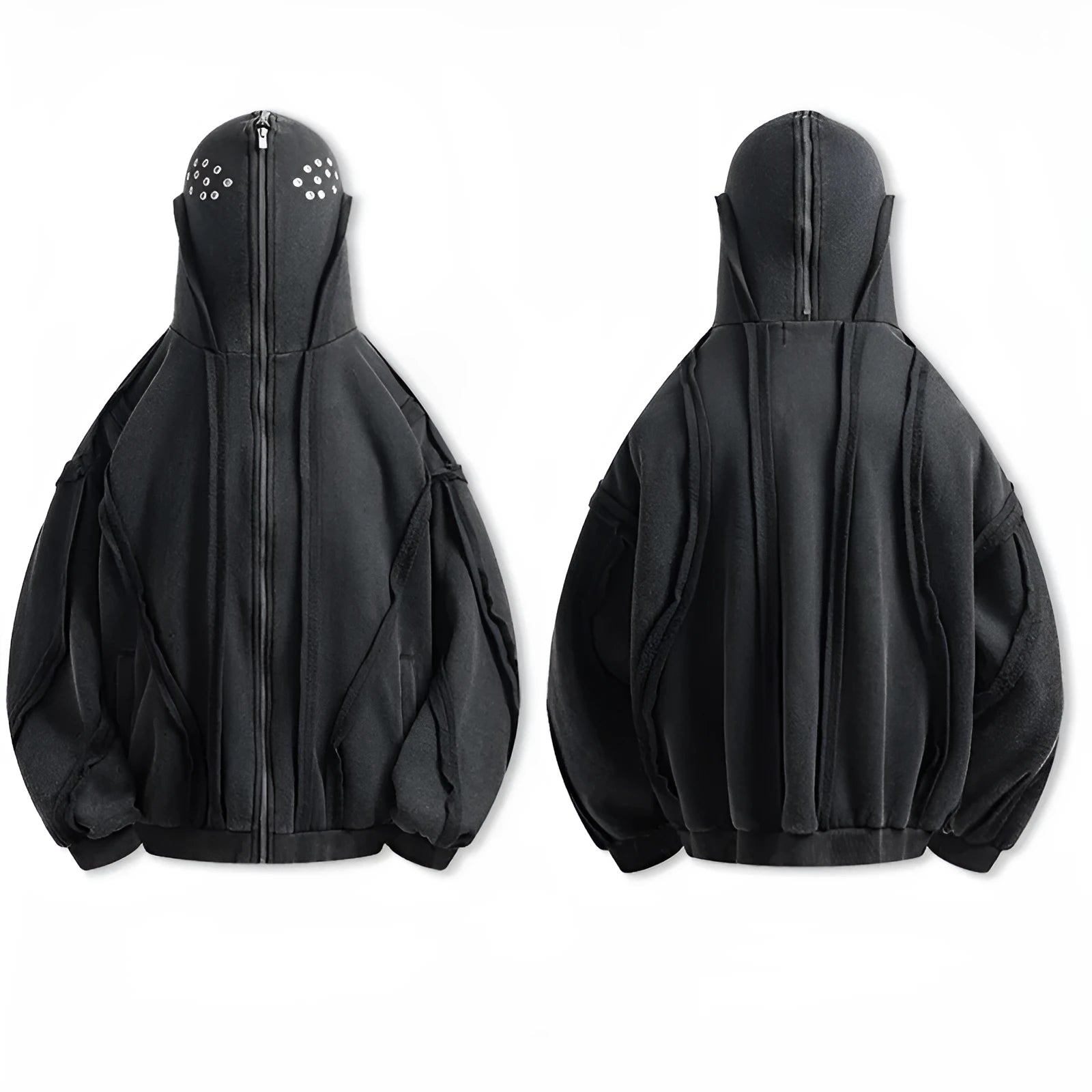 Black retro loose hooded cotton coat with padding and front zip.