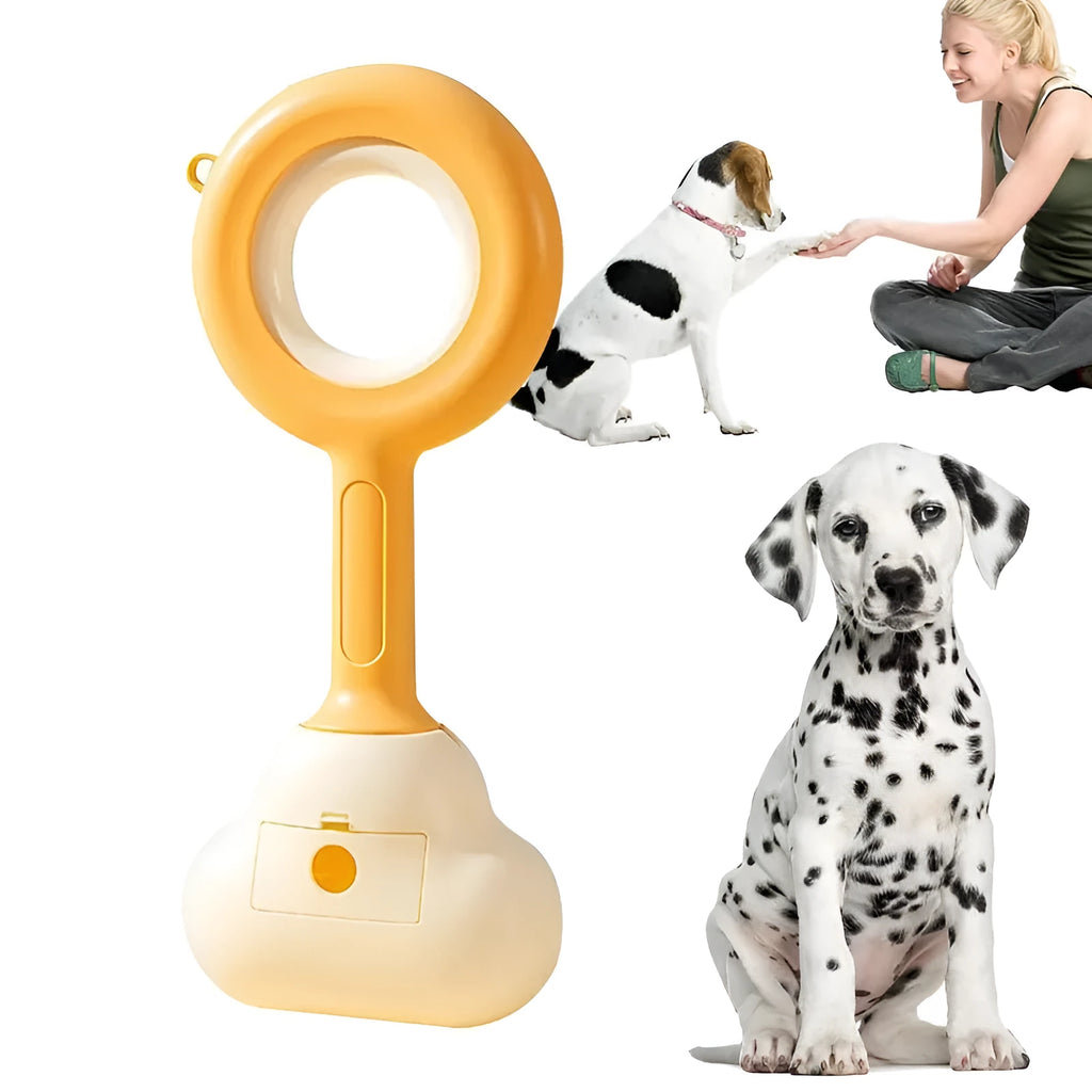 White blue and beige coloured cloud jaw design dog pooper scooper on a green lawn.