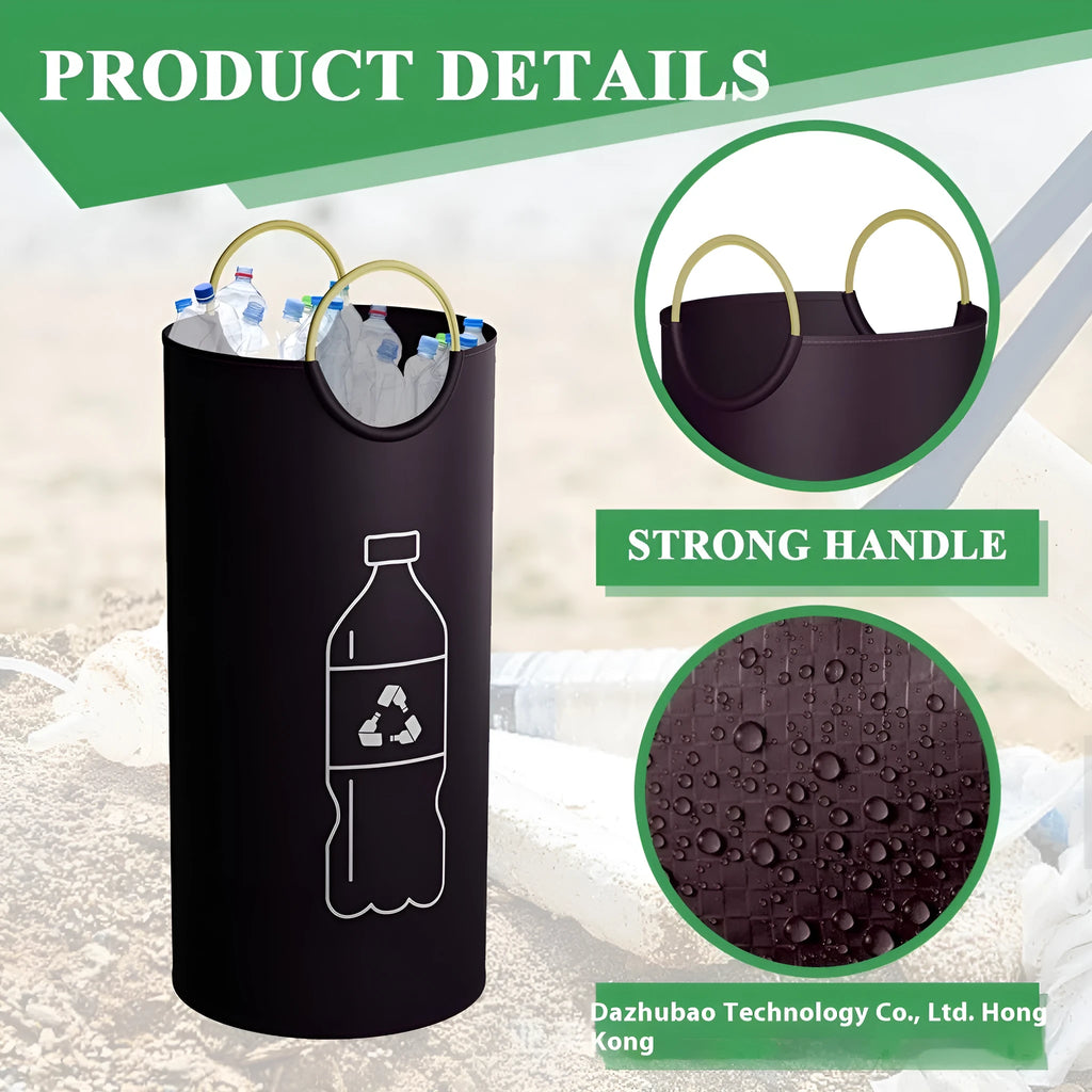 Portable round blue patterned trash can with white bag, 38cm wide and 72cm tall.