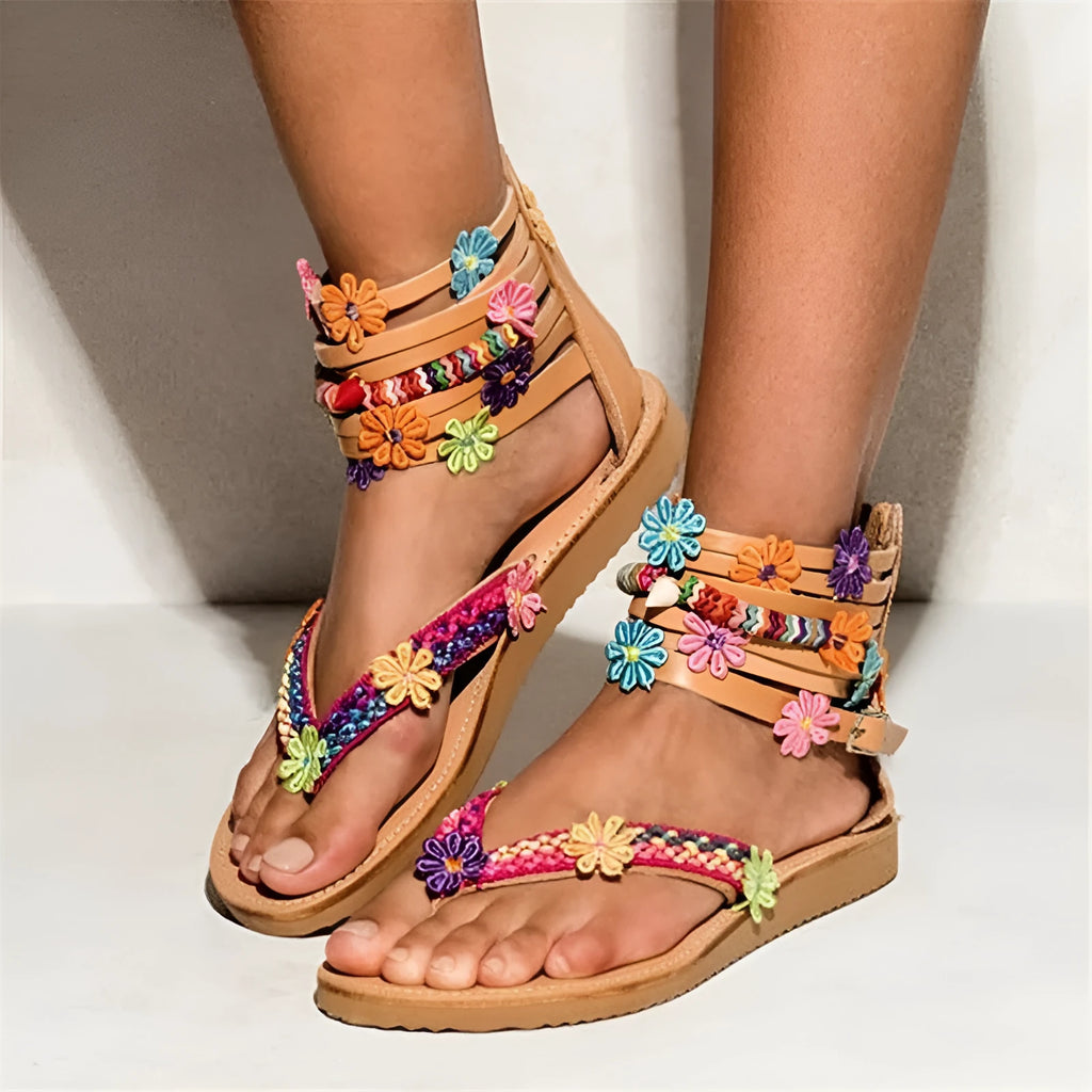 Ethnic beaded petal sandals with Roman shoe design and floral decoration