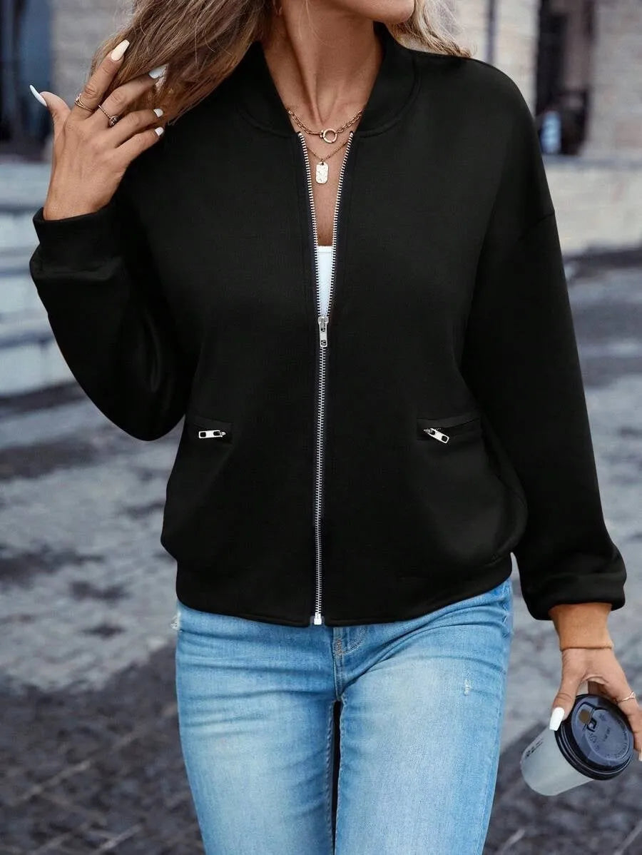 Black faux pocket zip jacket for women with long sleeves and casual Japanese Korean style in solid color