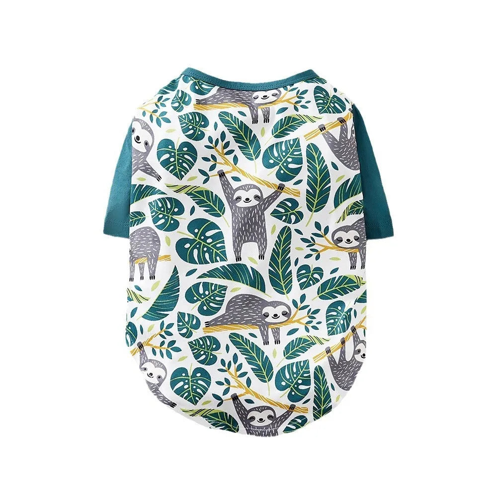 Colourful printed polyester t-shirt on a small dog, showing casual spring and autumn pet clothing.