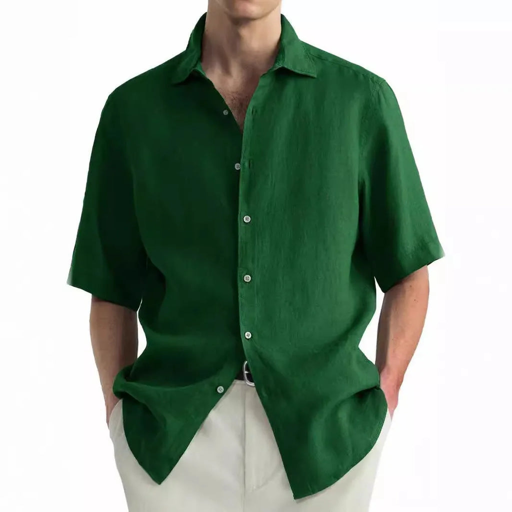 Men's green washed cotton casual shirt in a cardigan style, regular fit.