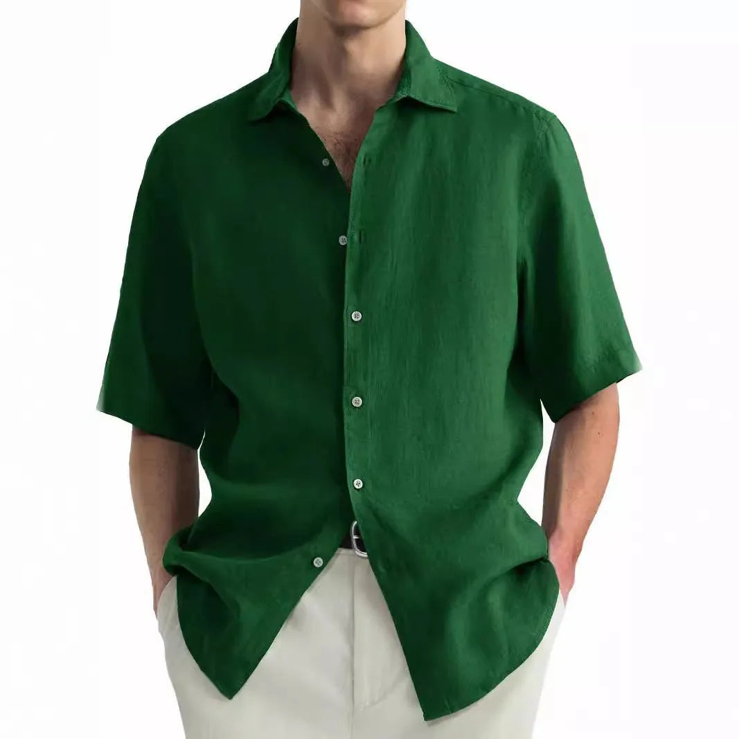 Men's green washed cotton casual shirt in a cardigan style, regular fit.
