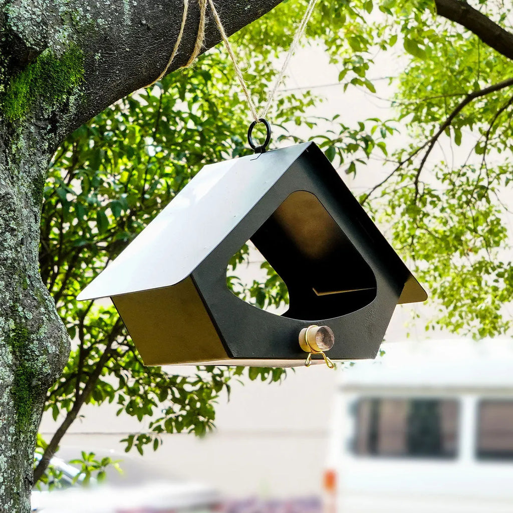 European-style simple iron bird feeder with anti-rain roof for garden hanging.
