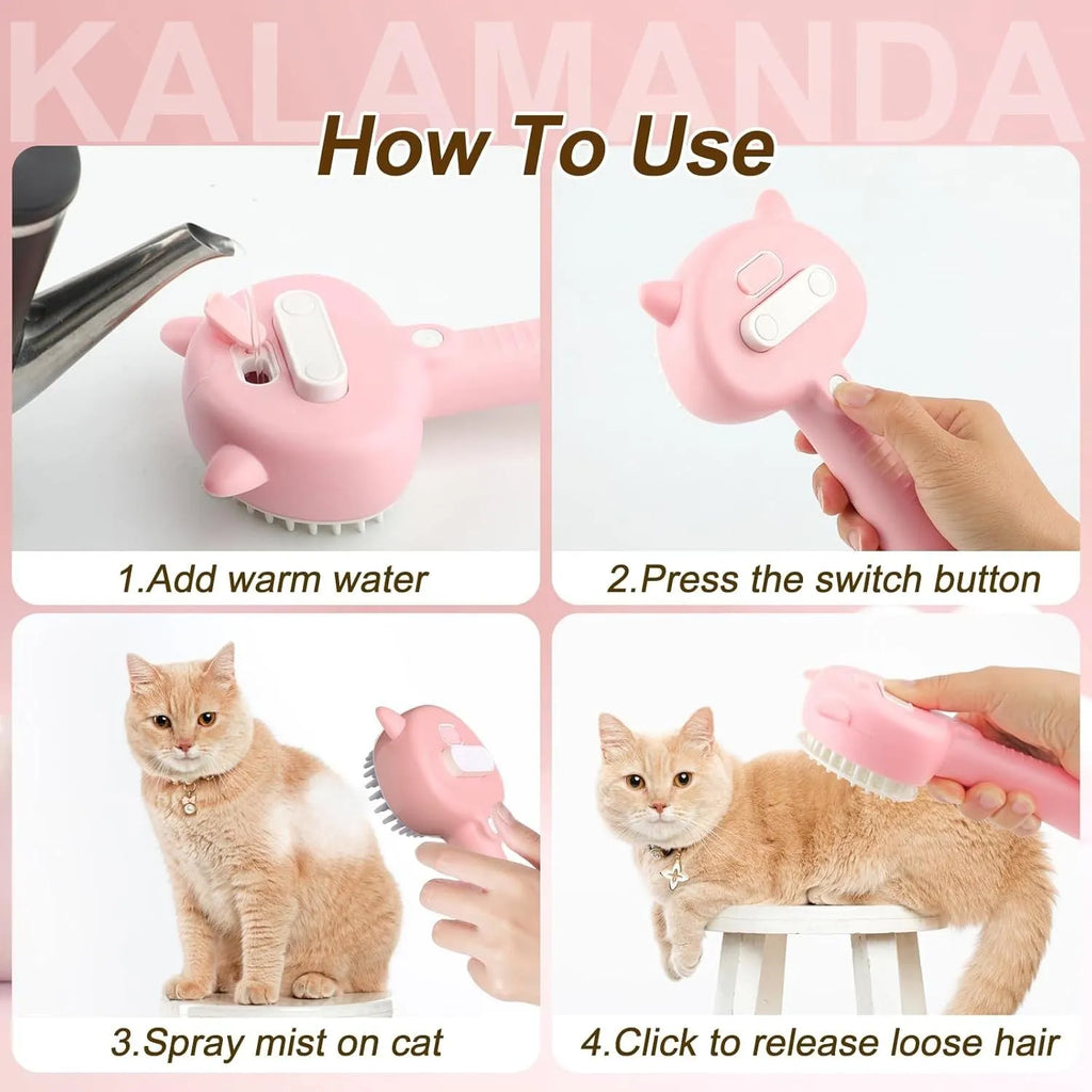Blue cat ear-shaped pet grooming brush with rubber bristles and misting function