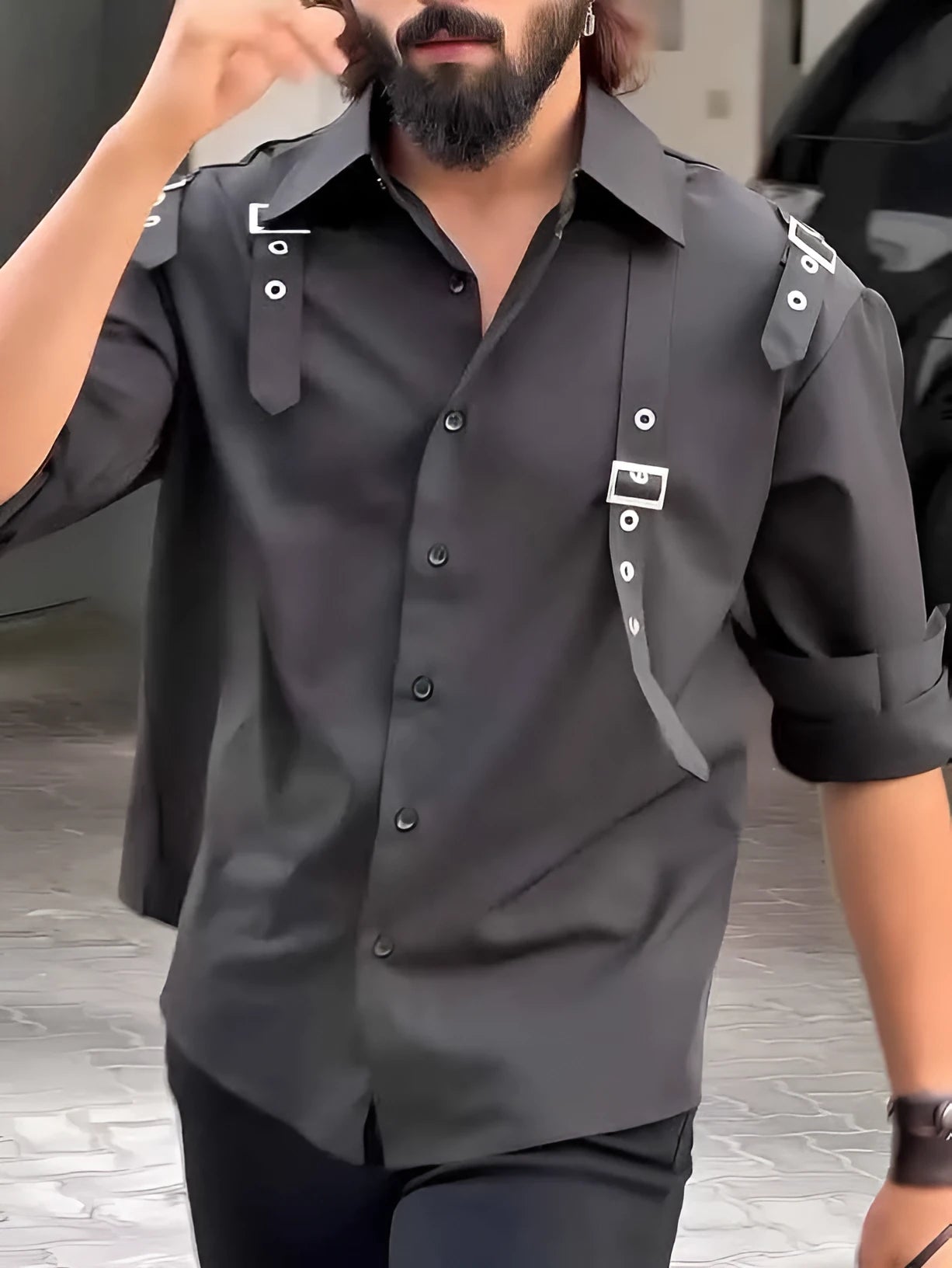 Men's black button-up utility shirt with long sleeves and regular fit on mannequin