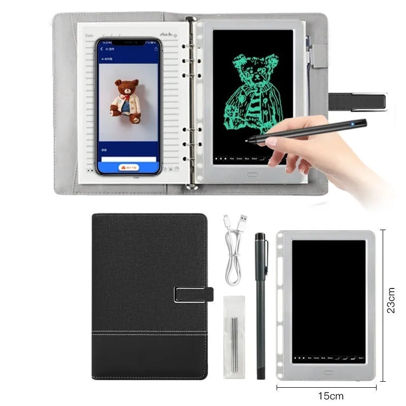 85-inch electronic writing pad with stitching design, smart pen, and USB charger on a table.