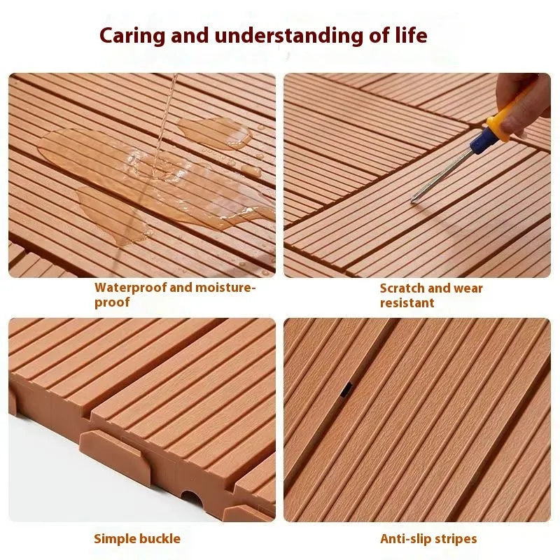 Set of ten wood grain style plastic floor tiles showing non-slip surface, dimensions 300x300 mm.