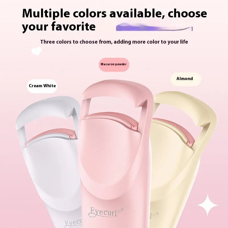 USB charging electric heating eyelash curler in cream white, pink, or apricot.