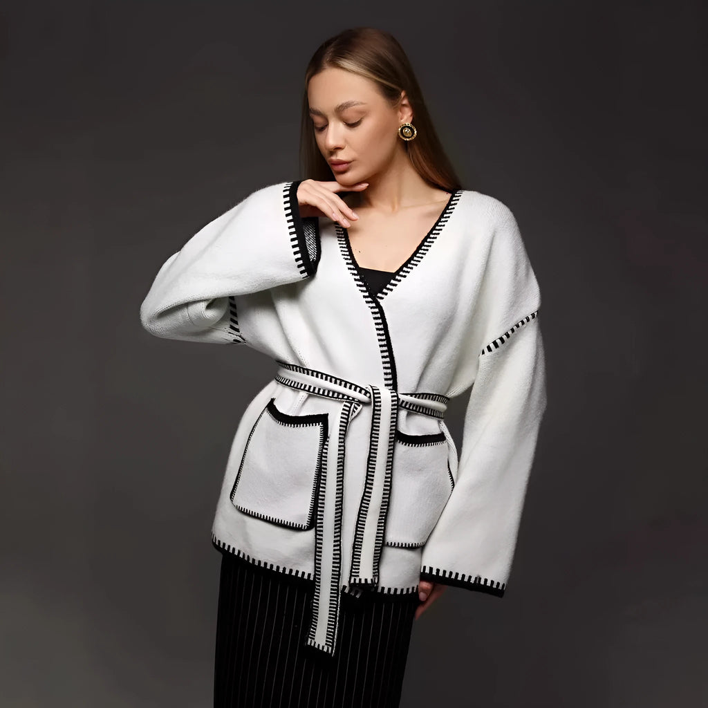 Women's lace-up knitted cotton cardigan in mid-length loose fit