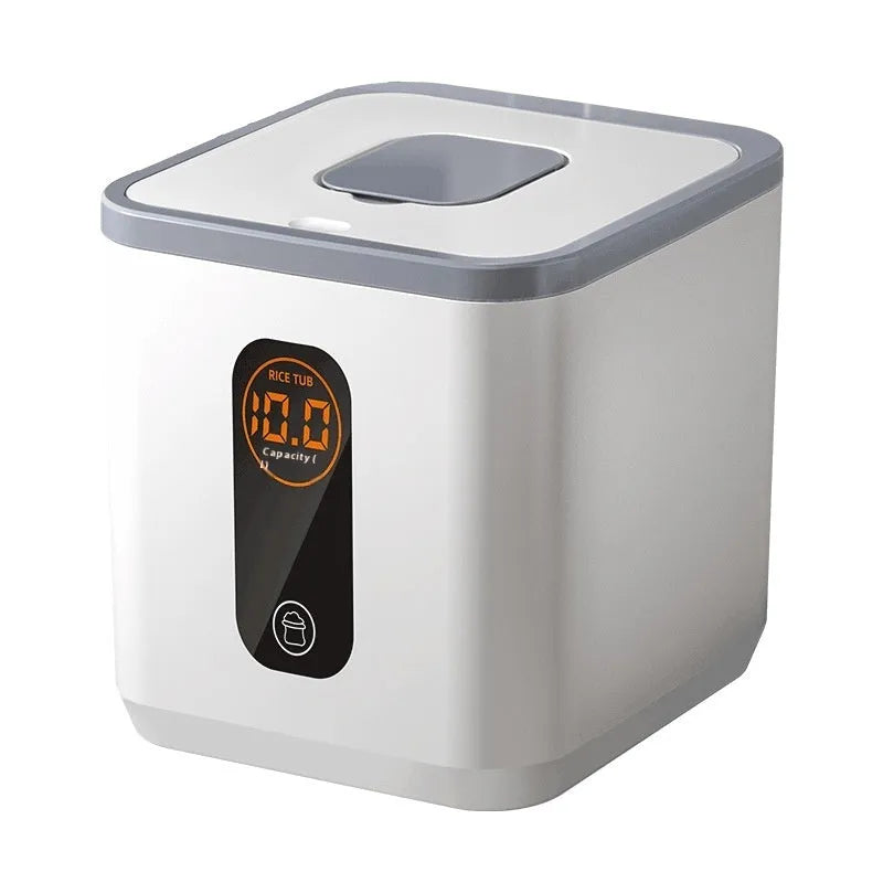 Grey plastic insect-proof rice storage jar with lid and measuring cup in 10kg, 20kg, or 30kg size.