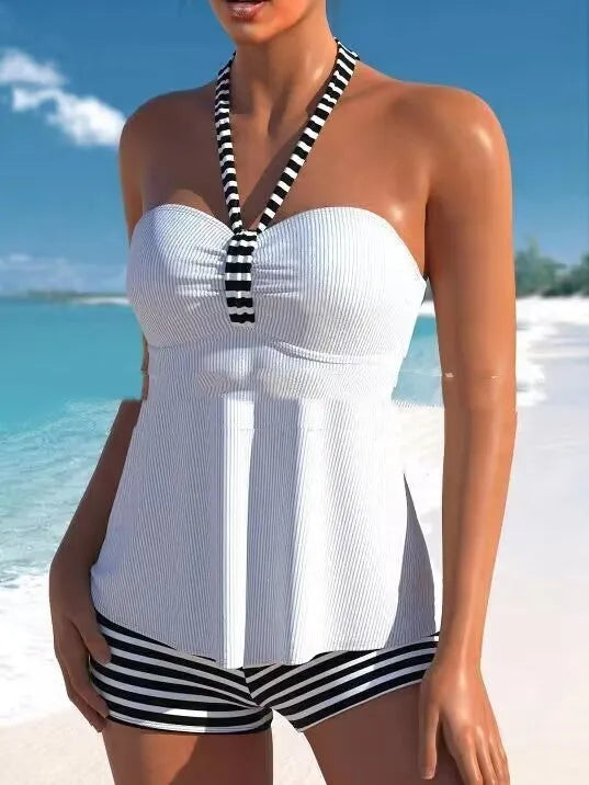 Women's off-shoulder swimsuit with striped pattern in solid colour with polyester lining