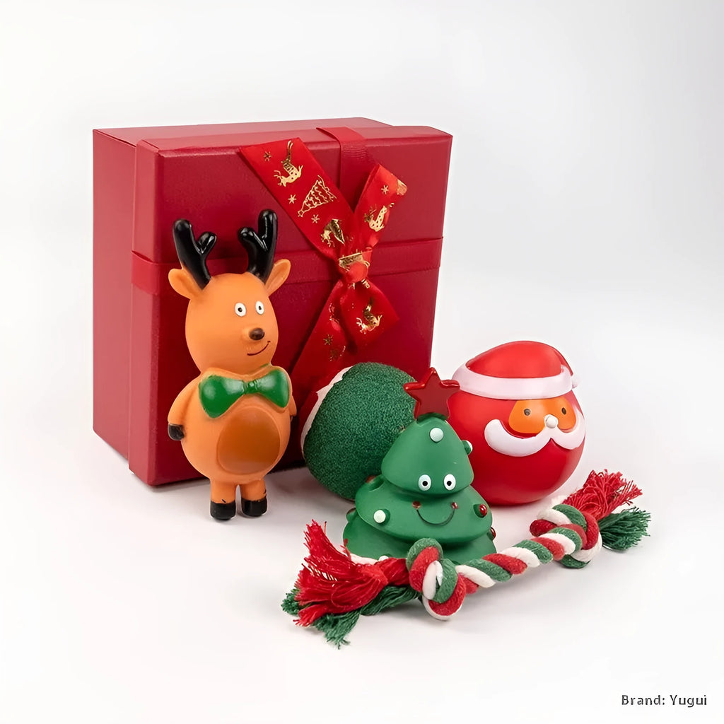 Christmas vinyl dog toy gift sets with barbells, balls, Santa heads, and deer figures for medium and large breeds