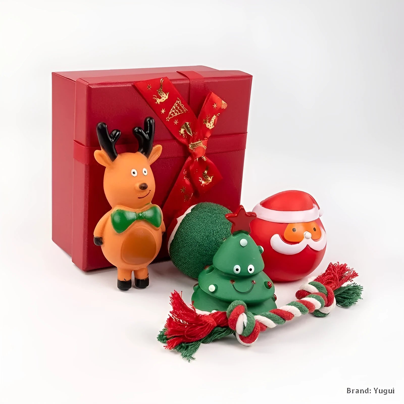 Christmas vinyl dog toy gift sets with barbells, balls, Santa heads, and deer figures for medium and large breeds