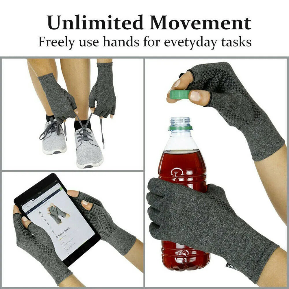 Grey half-finger compression gloves for hand pain relief, shown in a dispensing style