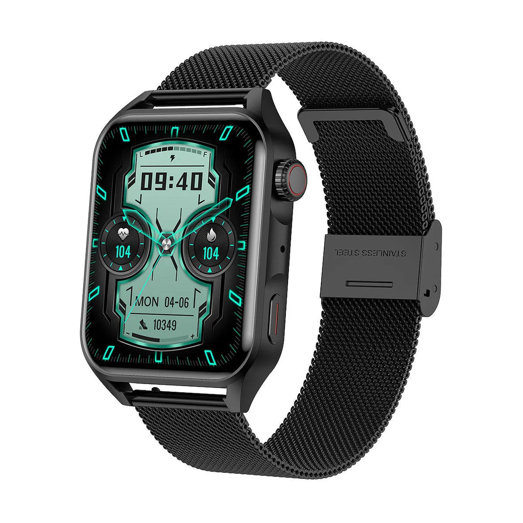 Black smart watch with 1.8 inch AMOLED screen and silicone wrist strap showing multiple watch face options