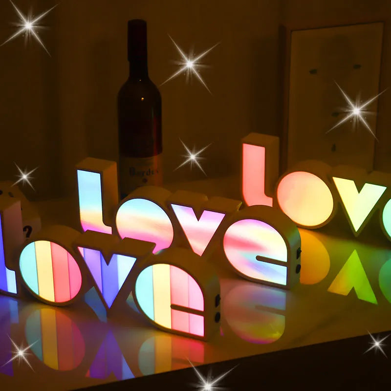 Rainbow LED LOVE decorative lamp with USB cable, measuring 35.5cm wide