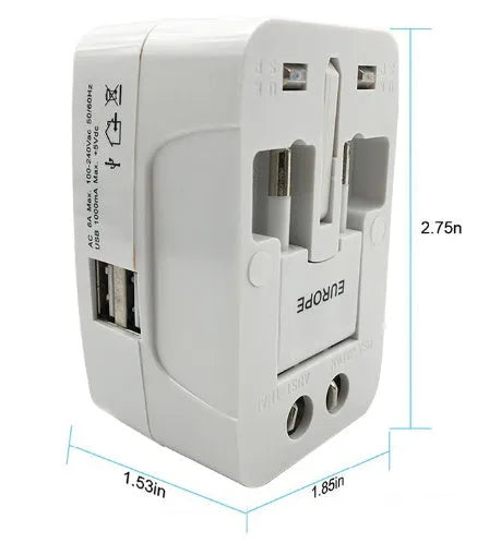 Universal travel plug converter showing compact design with conversion pins for international sockets