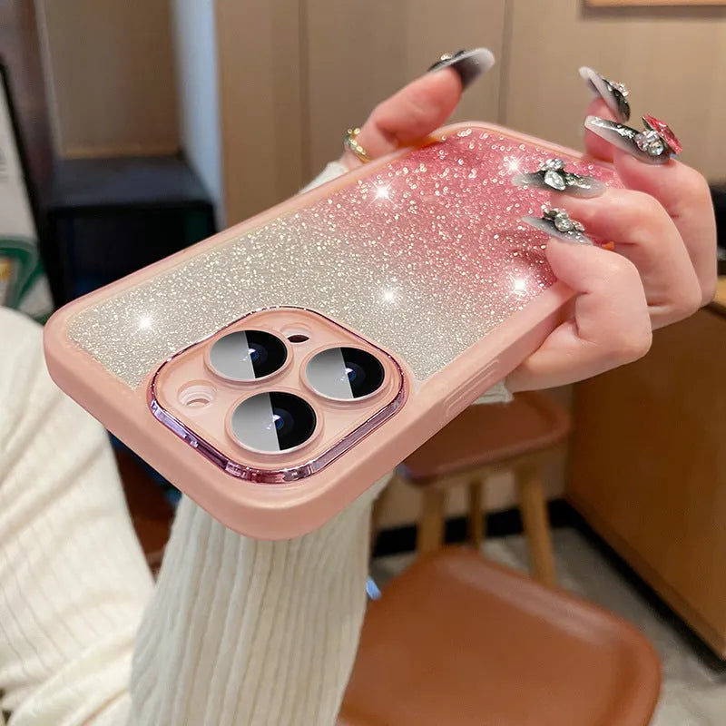 Ultra-thin transparent glitter gradient iPhone case with magnetic suction on a phone.